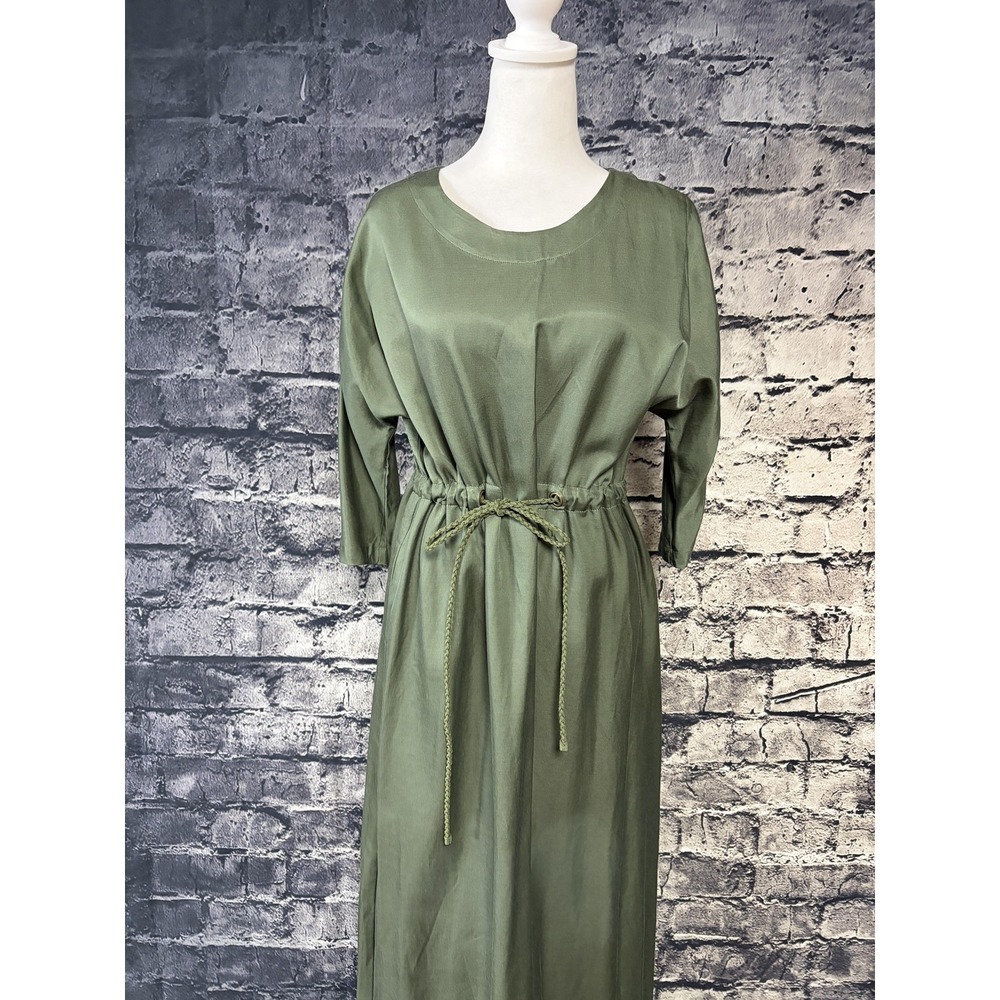 THE PEOPLE'S Womens‎ M Olive Green Maxi Shift Dress Drawstring Waist 3/4 Sleeve - Picture 2 of 14